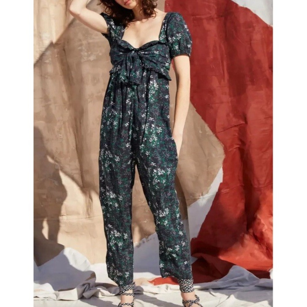 Apiece Apart 6 Jumpsuit Zaza Gipsea Green Puff Sleeve Floral Whimsy Peasant Boho
